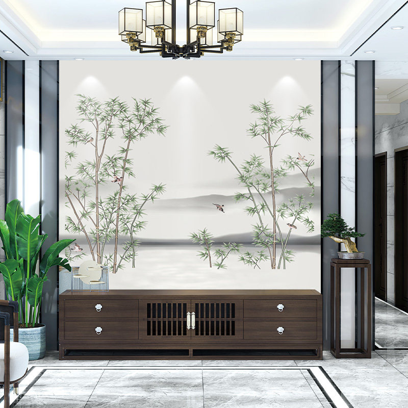 独绣刺绣无缝壁布印加绣竹子 鸟客厅电视沙发背景墙布新中式
