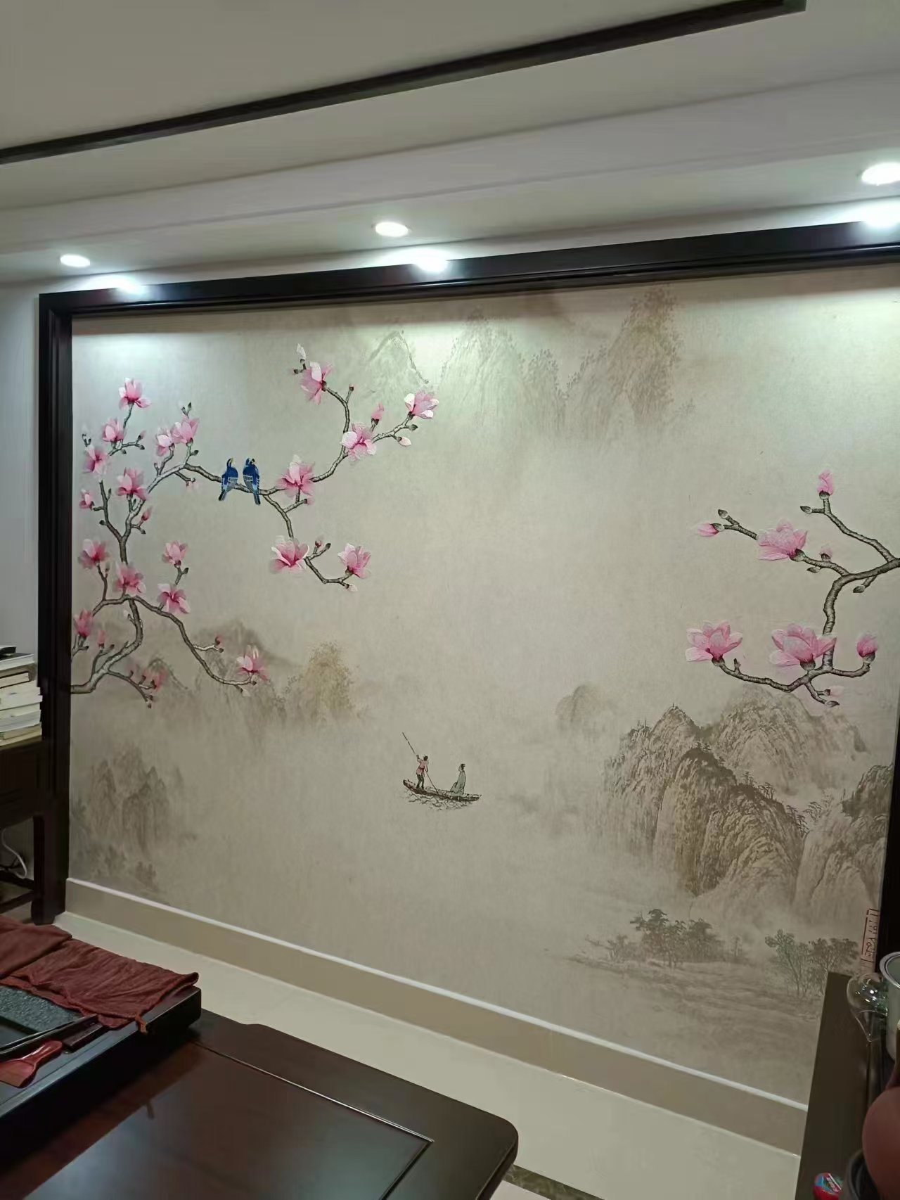 独秀印加绣玉兰山水独绣刺绣背景墙布独绣客厅沙发电视背景墙壁布