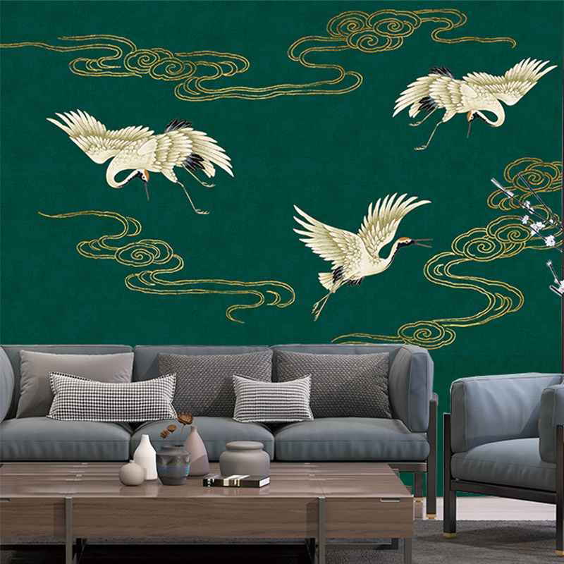 独绣鹤墙布背景墙壁布电视墙独秀无缝沙发刺绣现代中式壁画新款