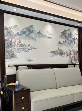 彩金线独绣刺绣无缝壁布山水悠然山居客厅沙发背景墙独秀新中式