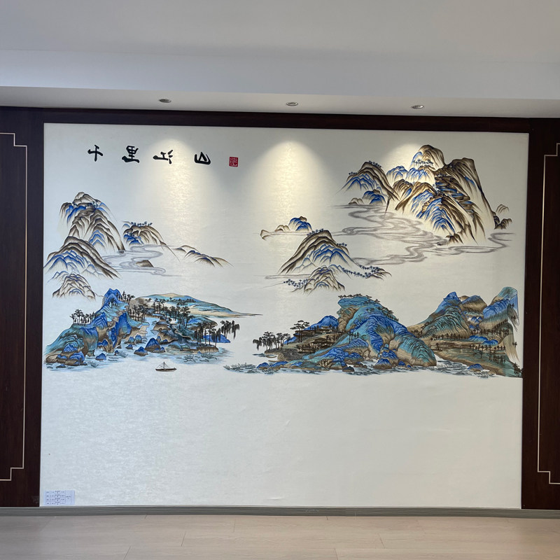 言绣高端刺绣新中式独绣无缝壁布山水千里江山客厅电视沙发背景墙