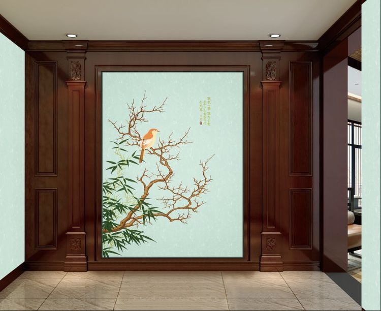 新款花鸟玄关走廊刺绣壁布