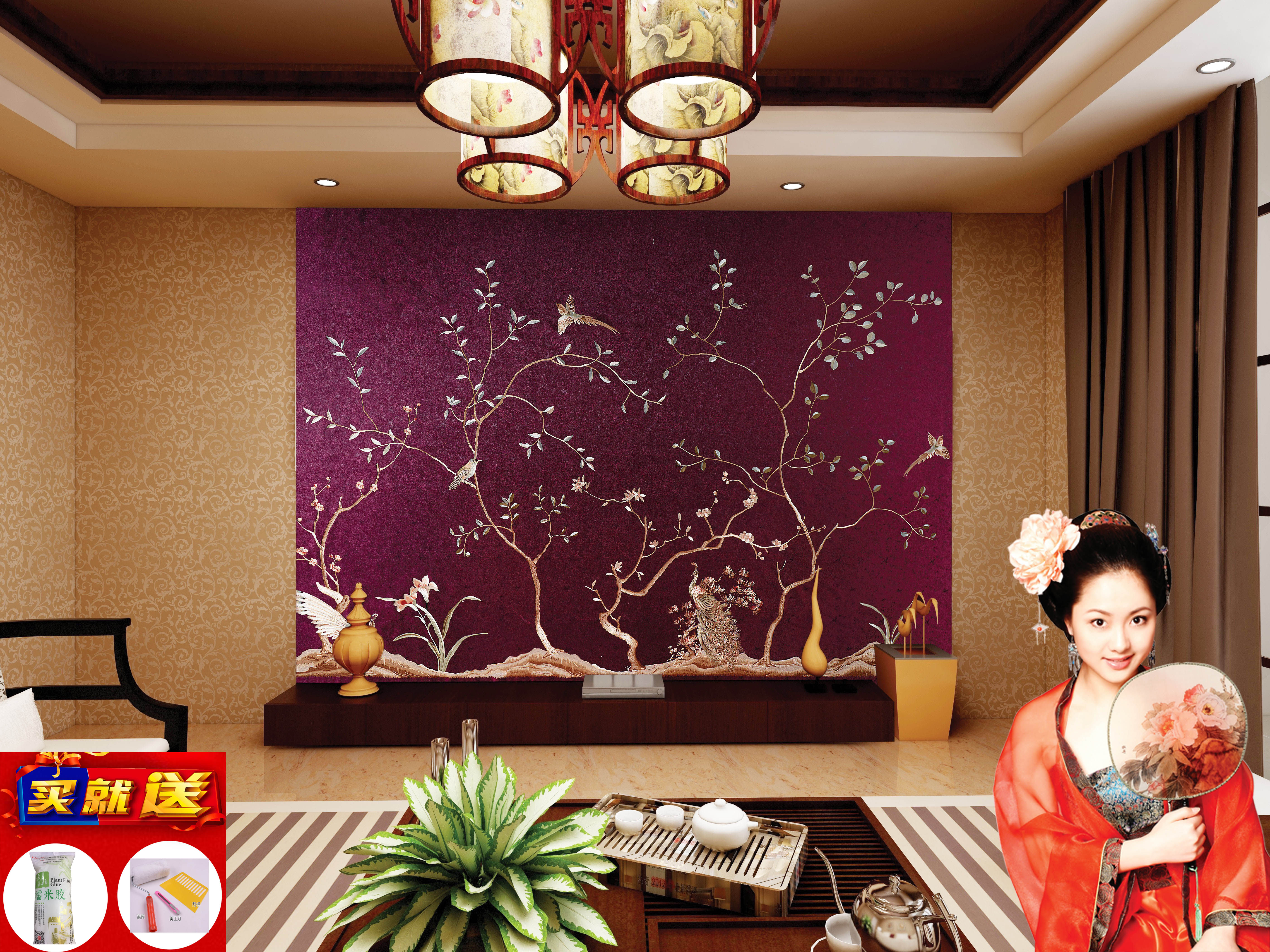 独秀墙布刺绣壁画梅花独绣电视背景墙沙发壁布卧室床头刺绣图新款