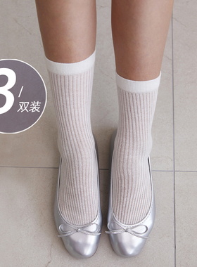 夏季薄款袜子女纯棉吸汗透气中筒条纹时尚网红纯白色堆堆袜芭蕾风