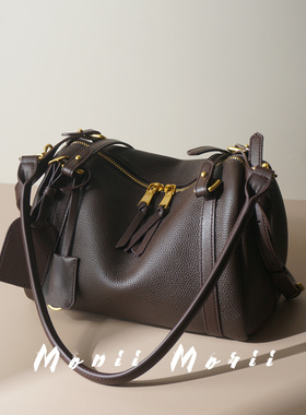 怪兽君2025新款真皮枕头包头层牛皮波士顿包单肩斜挎包高级感女包