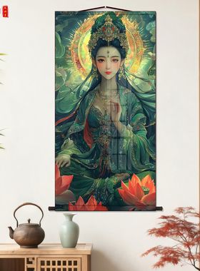 绿度母藏传唐卡画像卷轴挂画藏族风格客厅玄关居家装饰画