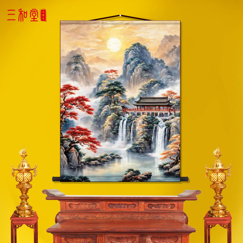 东北仙单堂单背景国风山水挂画
