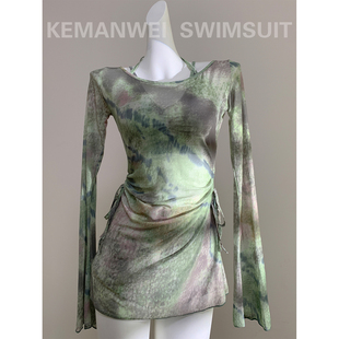 长袖 复古晕染防晒罩衫 遮肉显瘦三件套泳衣女分体新款 晨曦雾染