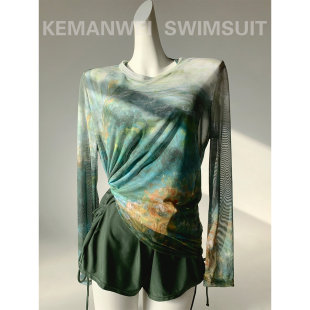 油画感高级显白三件套泳衣女分体显瘦长背心2026新款 青岚雾隐