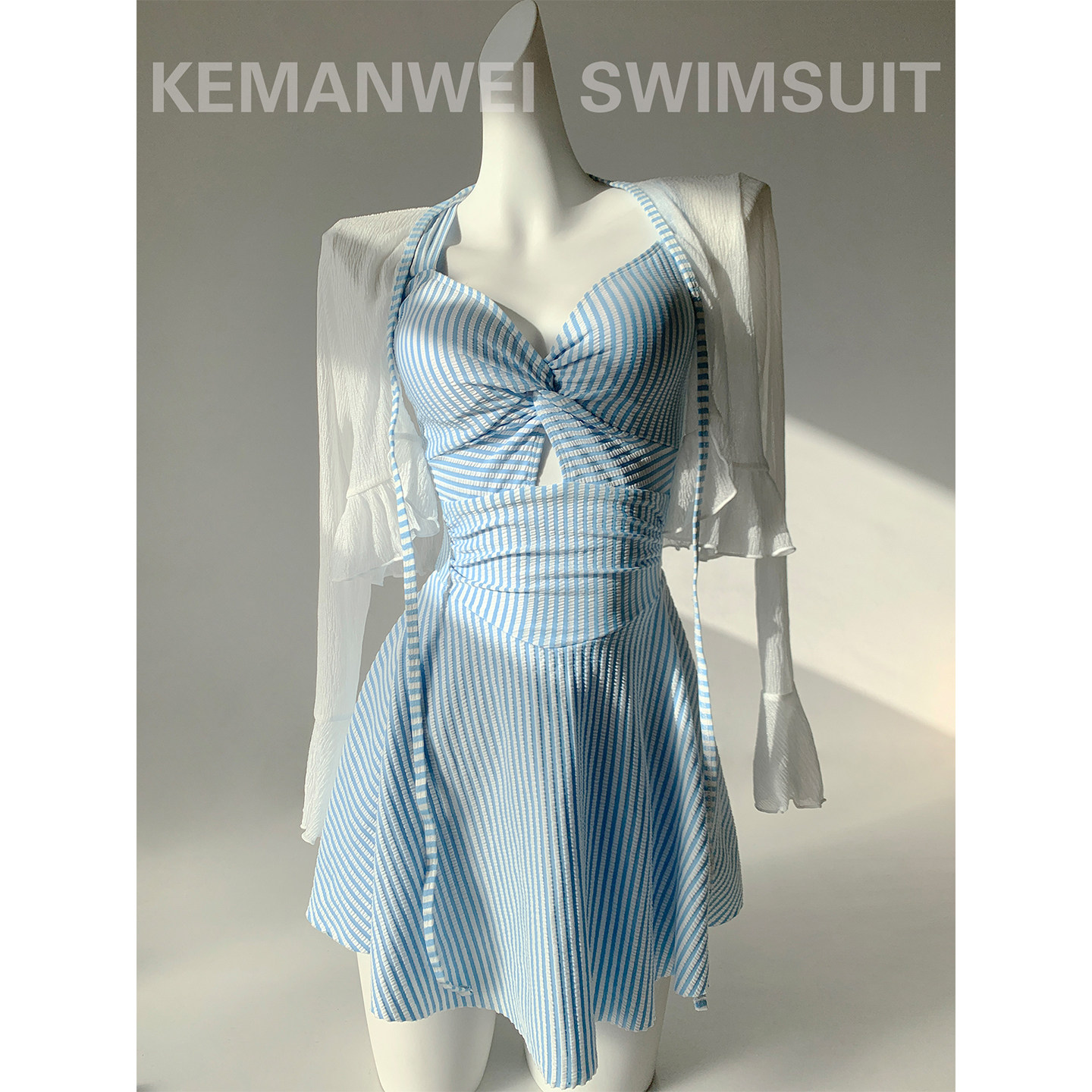 【清爽蓝条】两件套罩衫度假温泉泳衣女连体裙式遮肉显瘦2026新款