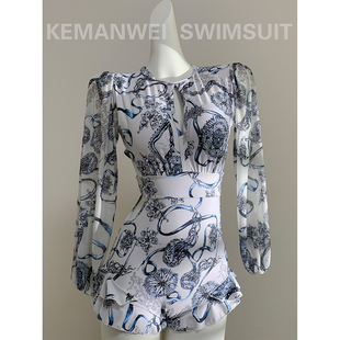 遮肉显瘦新款 复古镂空性感连体泳衣女长袖 泡温泉泳装 青花珐琅