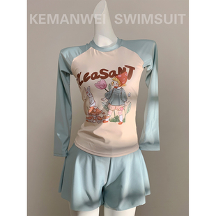 【多巴胺】显白湖绿色盐系女孩运动套装分体游泳衣遮肚平角泳裤女