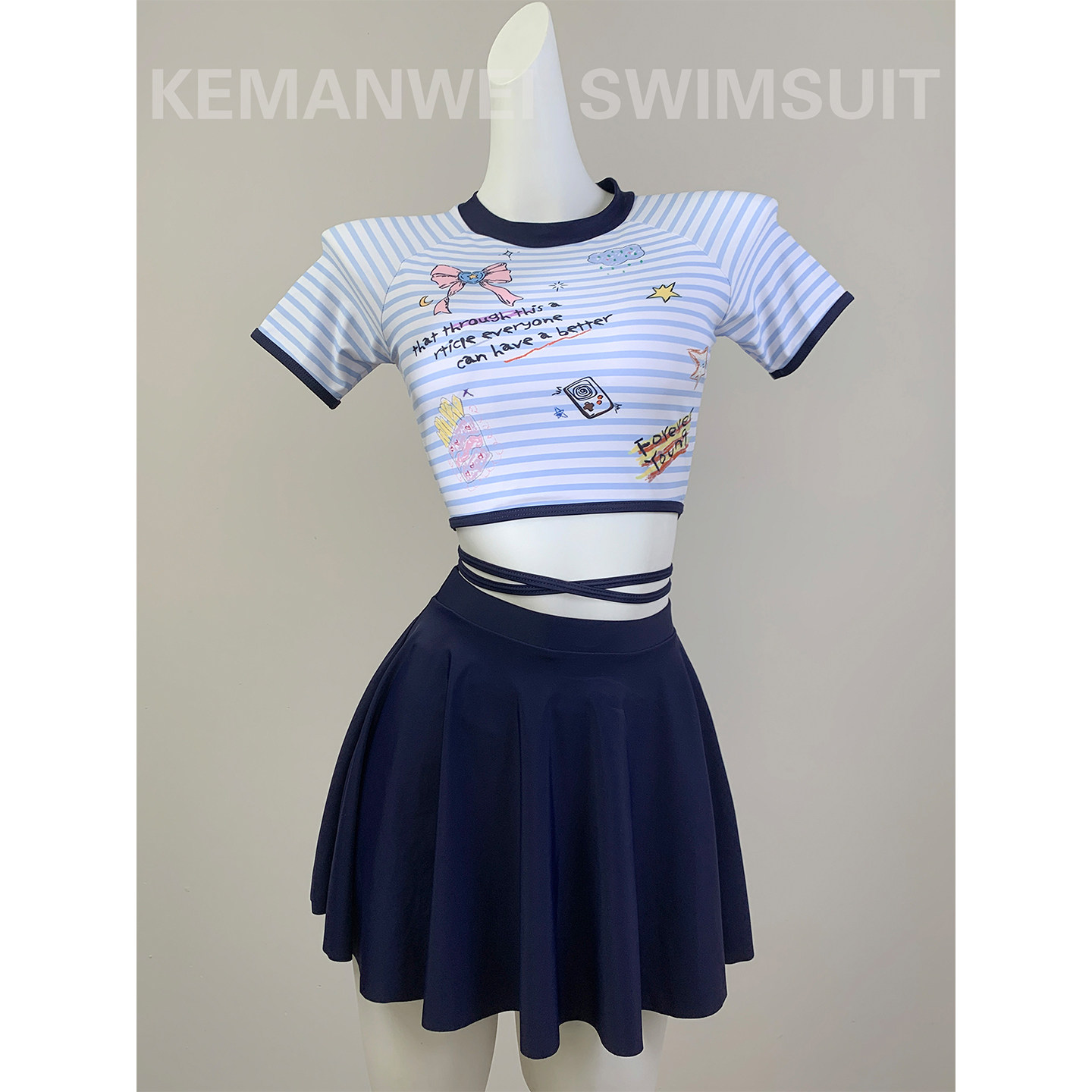 【卡通甜纹】显白海军蓝轻运动泳衣女分体裙裤保守遮肚显瘦26新款
