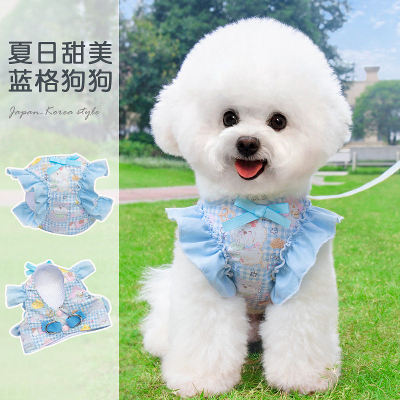 跨境新款奶油花边蝴蝶结宠物牵引绳子中小型犬外出牵引绳飞袖胸背