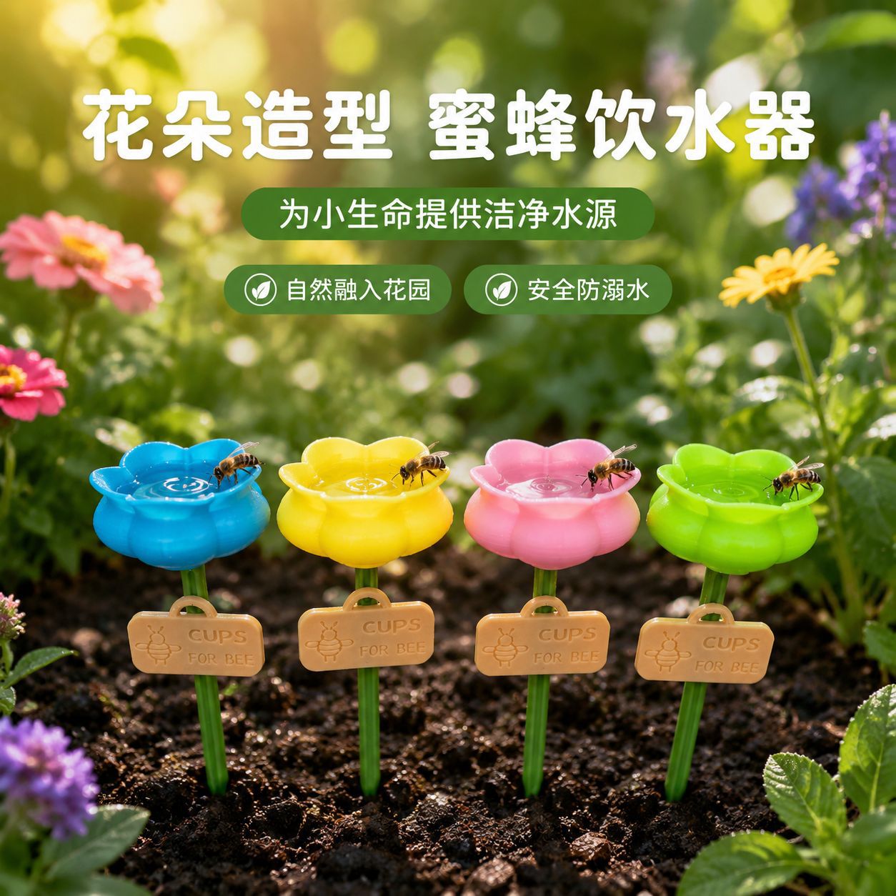蜜蜂饮水器花园装饰地插花形水杯花朵蜜蜂喂水器昆虫饮水户外跨境