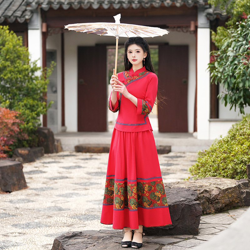 中国民族风唐装女装复古棉麻旗袍上衣汉服套装裙春夏新款中式茶服