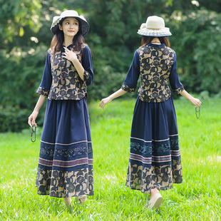新款民族风棉麻套装女春秋夏复古盘扣上衣+半身裙两件套度假拍照