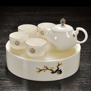 家用白瓷茶壶办公室会客盖碗茶杯唐月窑小茶盘 羊脂玉功夫茶具套装