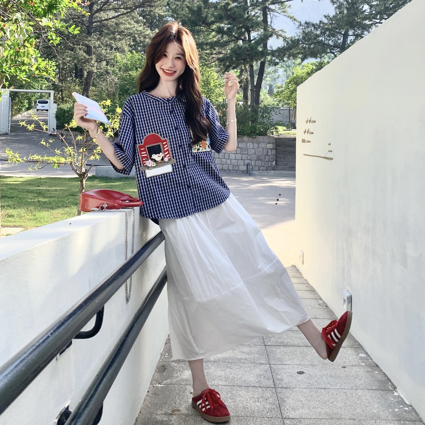 休闲复古刺绣格子衬衫半身裙套装女夏2025新款小个子两件套高级感，女装套装/套裙，浙宝186