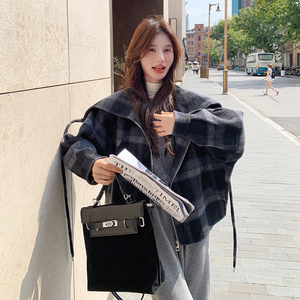 黑色格纹翻领羊毛上衣女春秋2025新款独特设计感小个子毛呢短外套图片