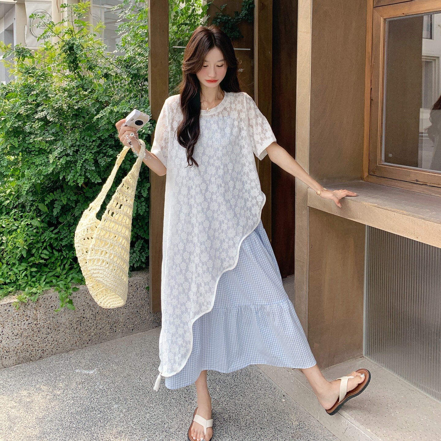 蕾丝不规则T恤连衣裙套装女夏叠穿格子吊带裙两件套绝美ootd爆款,女装套装/套裙,浙宝186