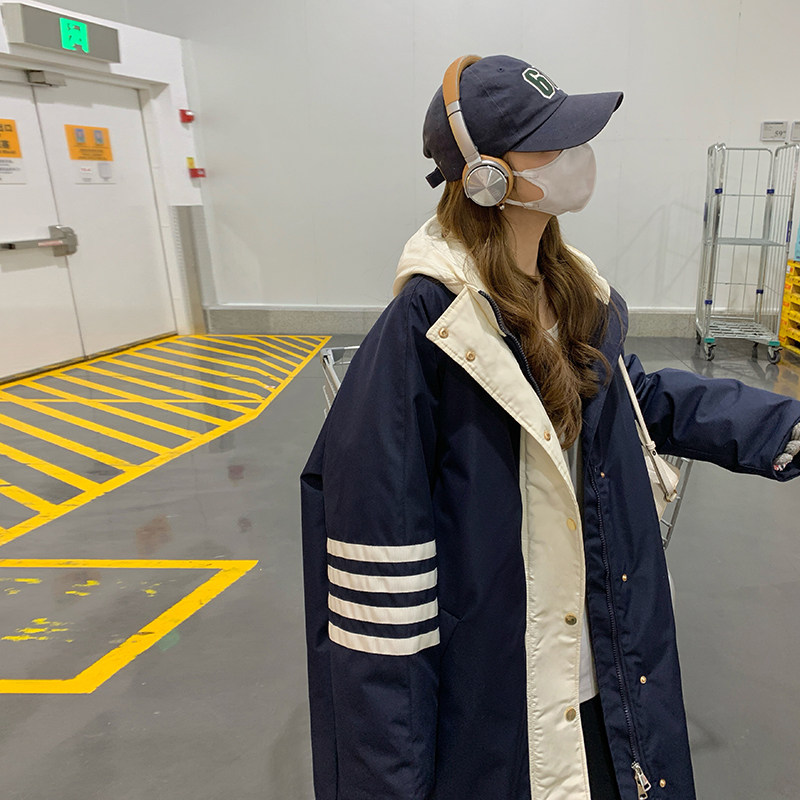 藏青色羽绒服女冬季2024新款加厚炸街撞色中长款派克50白鸭绒外套,女装派克服,浙宝186