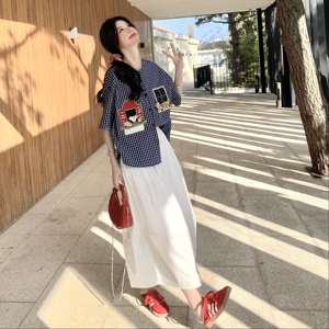 休闲复古刺绣格子衬衫半身裙套装女夏2025新款小个子两件套高级感图片