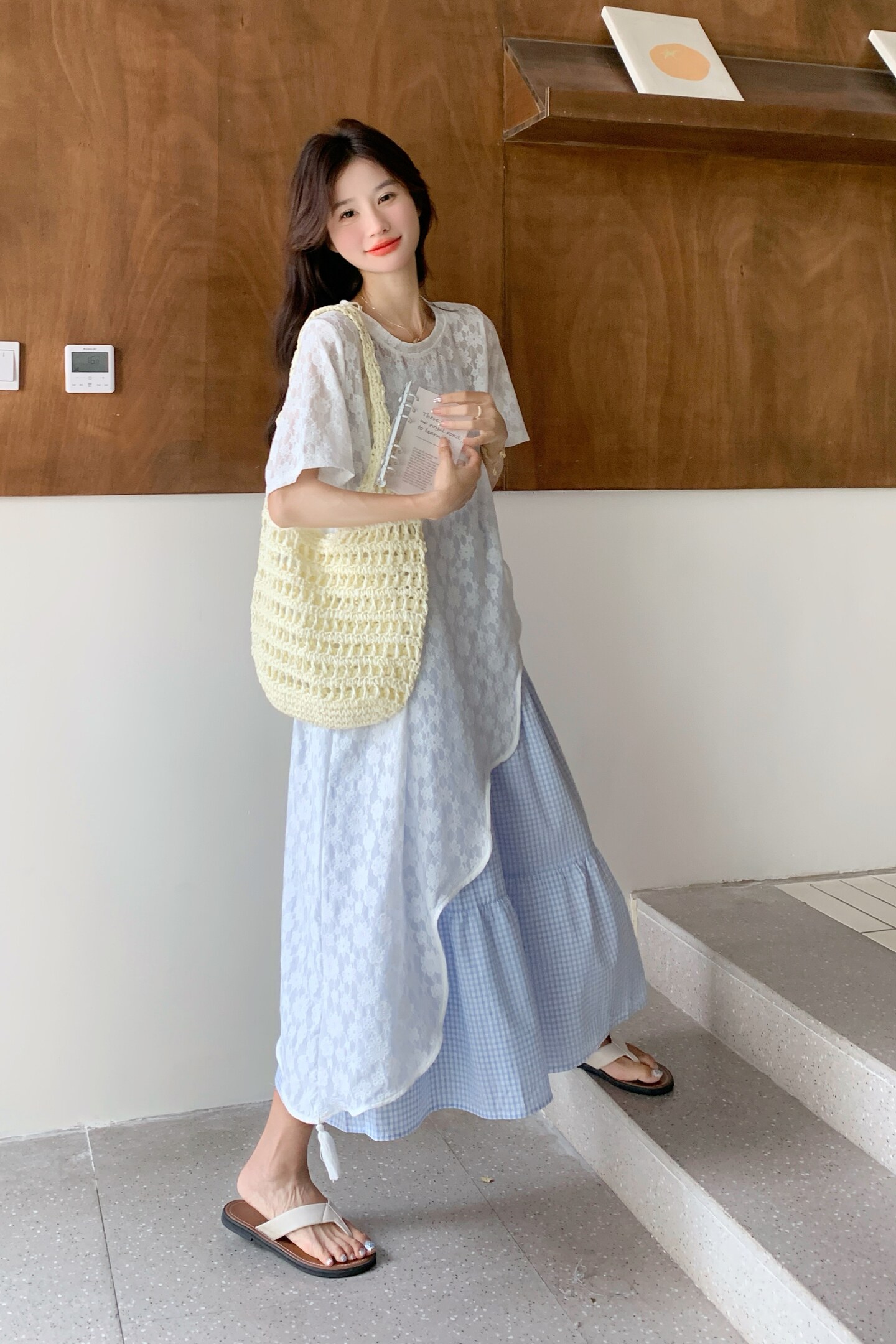 蕾丝不规则T恤连衣裙套装女夏叠穿格子吊带裙两件套绝美ootd爆款,女装套装/套裙,浙宝186