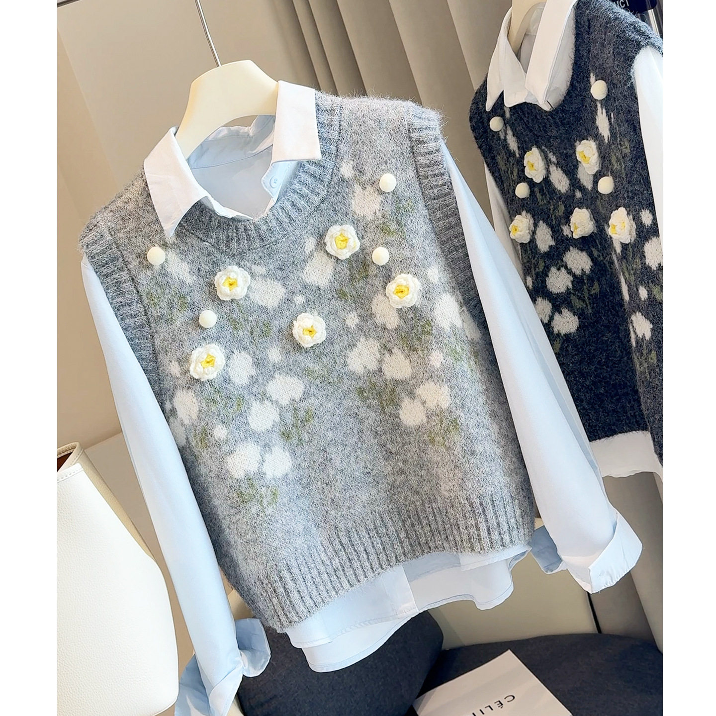 2025早秋新款甜美立体花朵针织衫叠穿马甲背心女长袖衬衫两件套装,女装/女士精品,休闲运动套装,淘宝优惠券,粉丝福利购,淘宝优惠卷