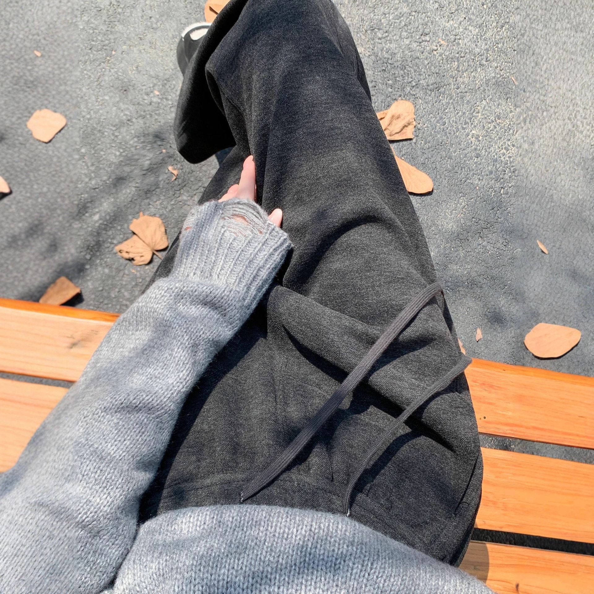 秋冬加绒醋酸羊绒灰色阔腿休闲裤女宽松bf慵懒风坠感长裤拖地软糯