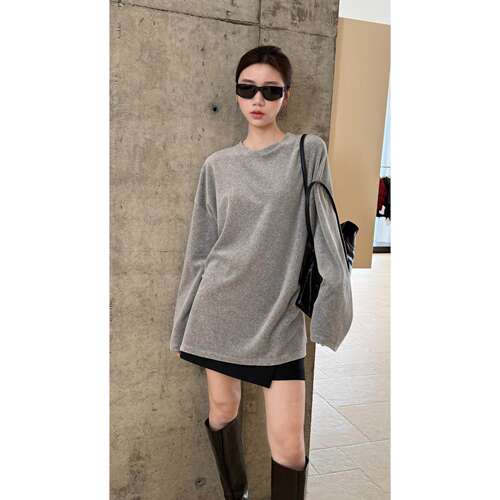mdeng摩登H803秋季新款韩版纯色百搭丝绒圆领长袖打底衫T恤女