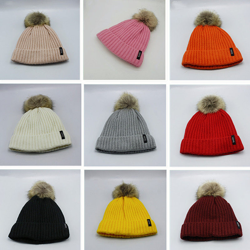 潮冬季新款加绒加厚糖果色翻边毛球毛线帽甜美可爱街头休闲针织帽