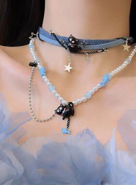 潮酷卡通可爱Y2K黑色搞怪猫咪项链女小众锁骨链个性时尚颈链