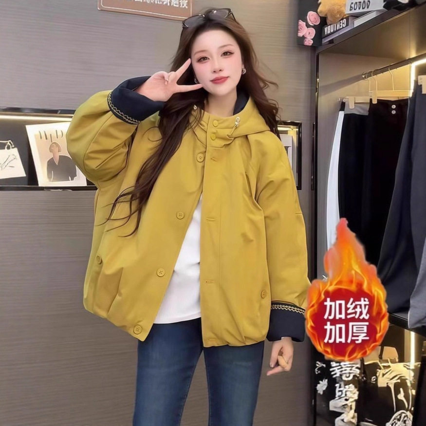 黄色连帽短款棉服女冬外套202棉衣/棉服