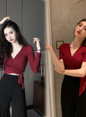 舞蹈练功服套装女春季瑜伽修身形体训练上衣红色古典舞东方舞蹈服