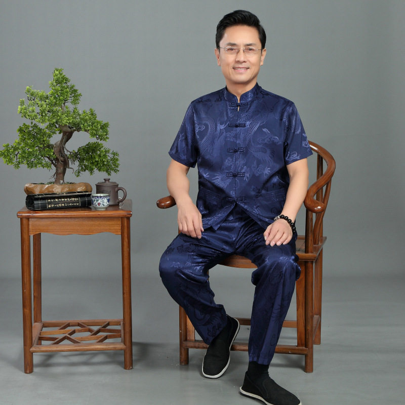 夏季唐装男中老年中国风男式汉服晨练服真丝套装民族服装YD8805,男装民族服装,星座1712-1