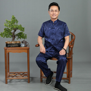 夏季唐装男中老年中国风男式汉服晨练服真丝套装民族服装YD8805图片