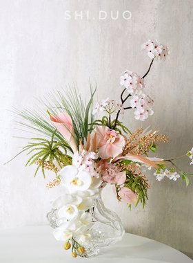 现代艺术粉色插花设计师软装餐桌前台花艺摆件家居客厅玄关装饰