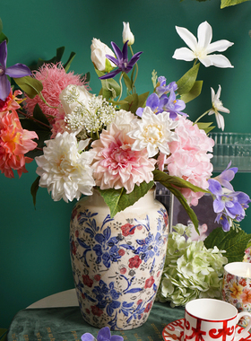 冰裂釉仿古陶瓷陶瓷花瓶摆件新中式青花瓷客厅插花仿真花组合花束