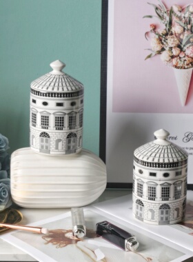 北欧经典黑白建筑艺术陶瓷装饰罐储物罐带盖蜡烛杯样版房软装
