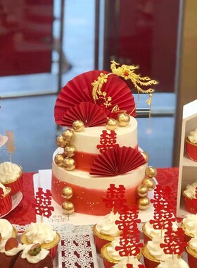 红色婚礼甜品台中式主题布置喜字蛋糕插件插签r推推乐布丁瓶装饰