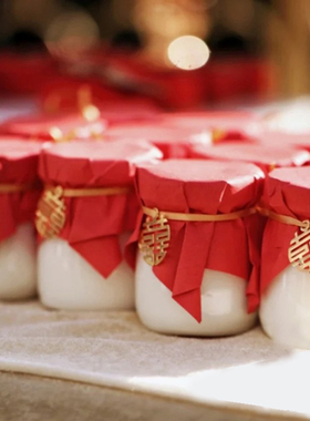 红色系婚礼甜品台布丁装饰 双喜字 福字布丁装饰挂牌新年快乐绑带