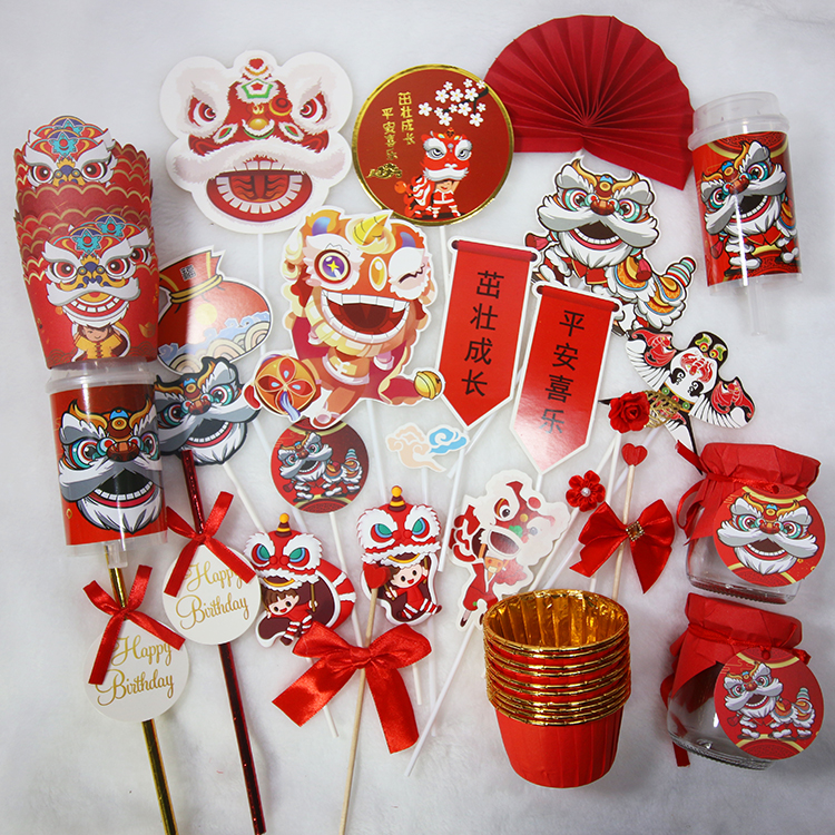 国潮舞狮蛋糕装饰甜品台