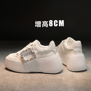 真皮厚底鞋 baby同款 水钻方扣小白鞋 女鞋 内增高8cm小个子休闲板鞋