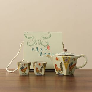 国潮新款米黄汝窑六方壶八方杯大吉大利招财进宝复古茶具一壶两杯
