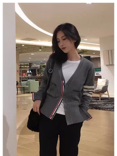 2024新款tb山羊绒衫经典四道杠针织女开衫修身特价短款毛衣外套