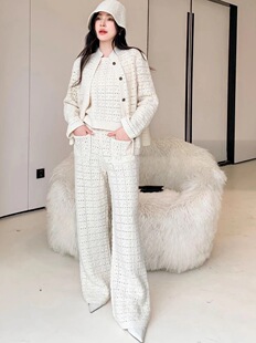 意大利新款LP老钱风重工镂空钩花羊绒针织开衫外套背心长裤三件套