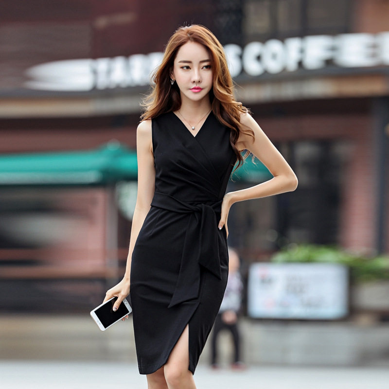 盈可人大码性感紧身职业装包臀裙收腰系带无袖洋气红色V领连衣裙