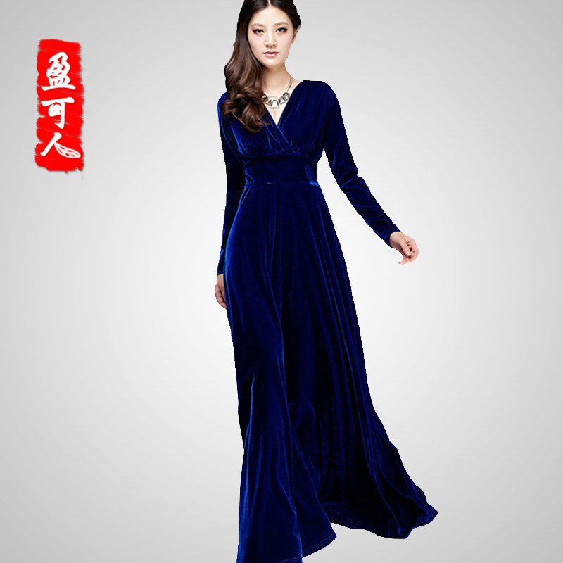 盈可人金丝绒大摆型高腰长裙晚礼服大码新款时尚简约性感连衣裙女