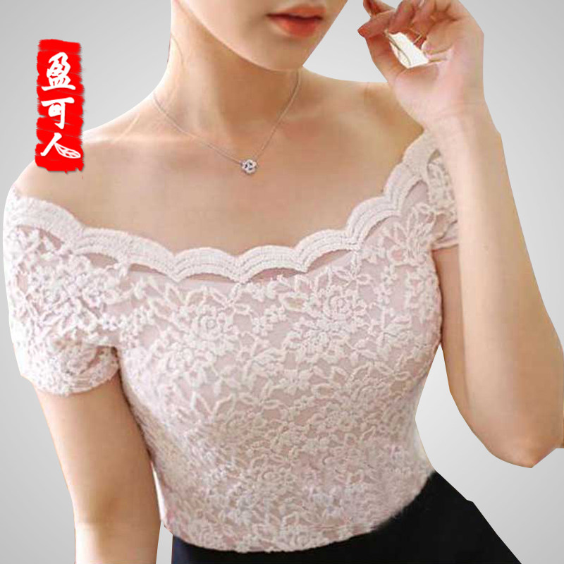 盈可人夏季新款露肩一字领短袖性感夜店蕾丝短款打底衫t恤女上衣